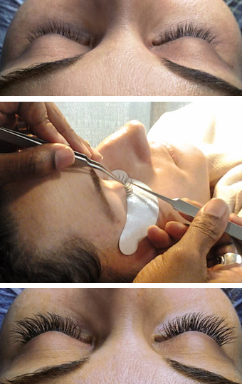 three image of before lashes are applied, during and after